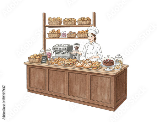 Smiling Asian woman baker cheerfully presenting fresh baked goods at a delightful bakery counter