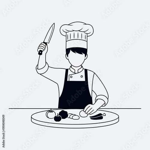 Chef preparing ingredients for cooking on cutting board, illustration