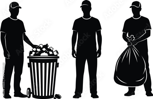 Garbage collector worker silhouettes with trash bin and bag waste management sanitation service cleaning crew vector illustration