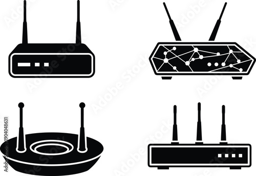 Wireless wifi router and modem silhouettes set networking equipment antennas internet communication technology devices vector icon collection