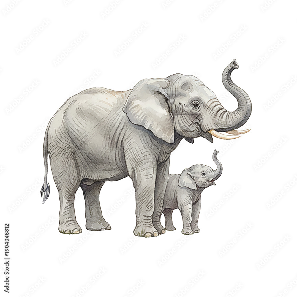 Obraz premium Adult elephant and baby elephant standing with trunks raised showing joyful family bond watercolor illustration