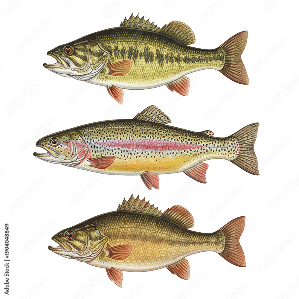 Obraz premium Three detailed freshwater fish illustrations including a bass and rainbow trout on white background