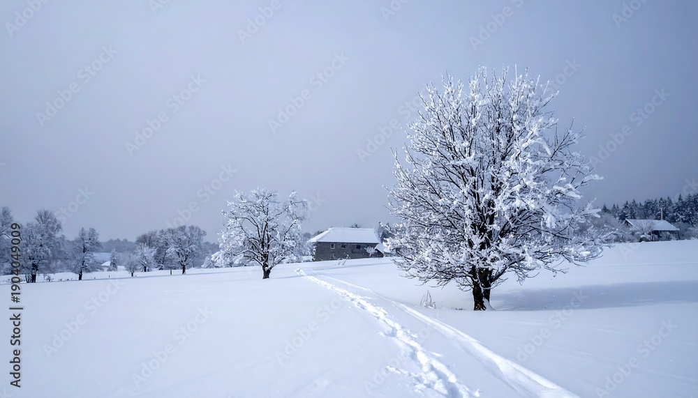 Fototapeta premium Winter Landscape with Snow-Covered Trees and a Distant Building.