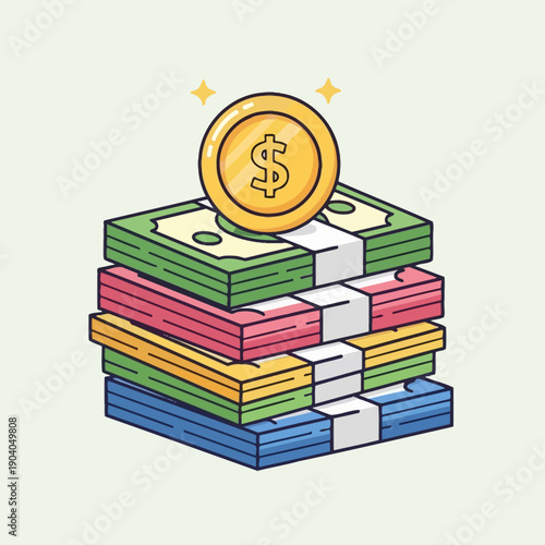 Big Stack of Money Bundles and Gold Dollar Coin Cartoon Illustration for Financial Success