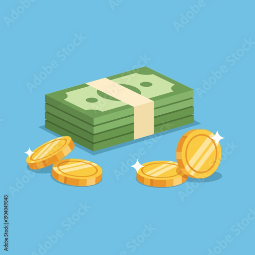 Isometric Stack of Money Bills and Shiny Gold Coins. Finance, Savings, Wealth, and Banking Cartoon Illustration.