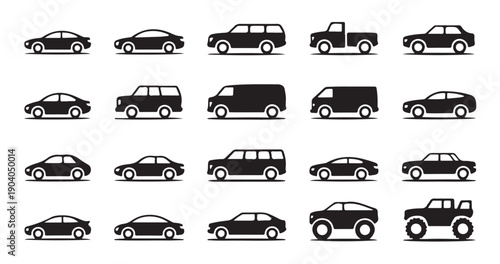 Set of car icons showing different types of vehicles on white background in silhouette style