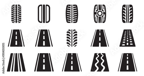 Set of tire tread patterns and road icons on white background illustrating automotive concepts