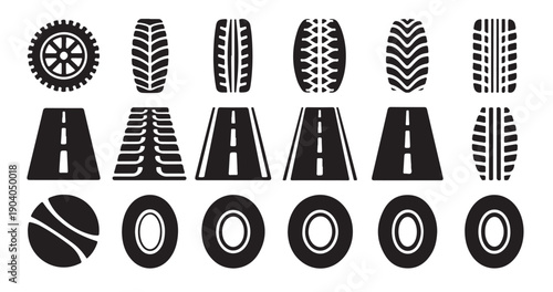 Set of various automotive icons including wheels, tires, and road designs on white background