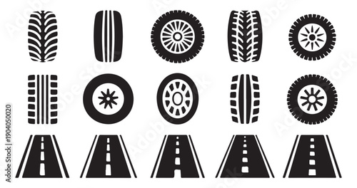 Collection of tire, wheel, and road icons illustrating car parts and driving pathways
