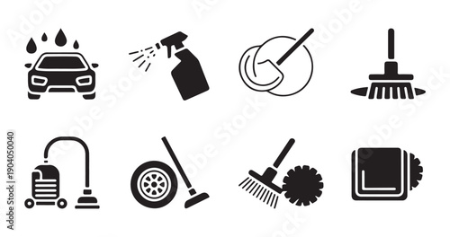 Car cleaning supplies and equipment icons for vehicle detailing and washing service