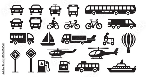 Collection of various transportation vehicles icons including cars buses bikes boats planes