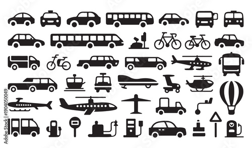 Diverse transportation and vehicle icons collection cars buses trucks bikes helicopters planes