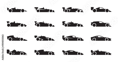 Evolution of racing car design silhouettes showing different wings and aerodynamic features