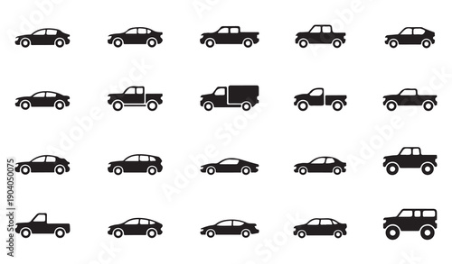 Automobile silhouette collection featuring sedans trucks and suvs for urban and offroad use