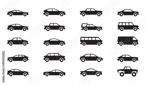Various passenger vehicle silhouettes including vans buses and sports cars for urban transit
