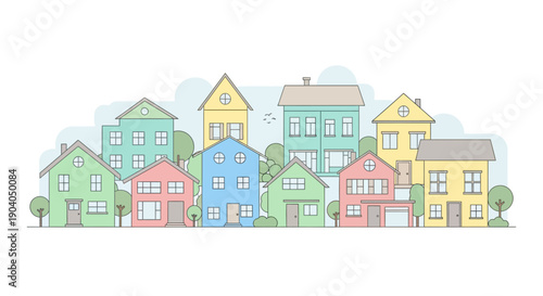 Colorful Suburban Neighborhood Vector. Minimalist Line Art Townscape Illustration featuring Diverse Residential Houses, Trees, and Community Architecture.