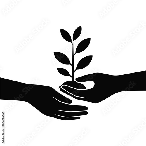 Hands Holding Plant Care Growth Sustainability Silhouette Vector Illustration