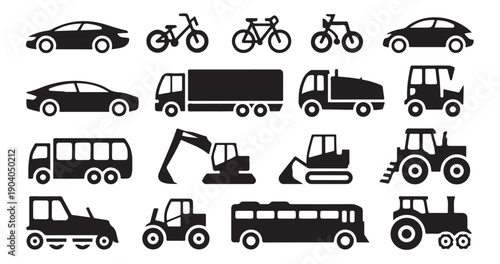 Fleet of transportation silhouettes showing various car models and heavy construction trucks