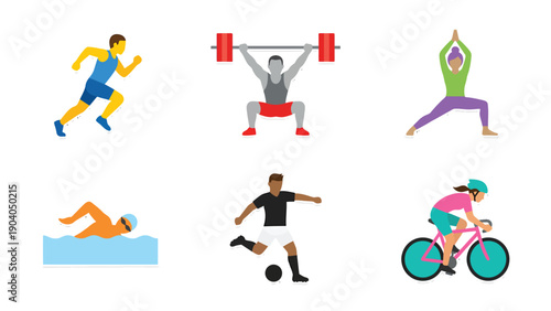 Sports and Fitness Activities Icons Set: Running, Weightlifting, Yoga, Swimming, Soccer, Cycling in Flat Design Style