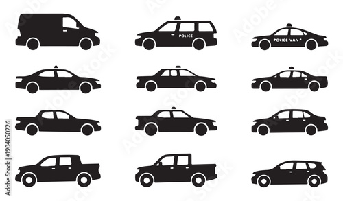 Police car icons set, transport symbols collection, vector sketches, logo illustrations