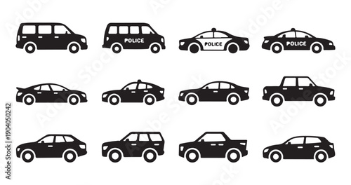 Police car icons set, transport symbols collection, vector sketches, logo illustrations