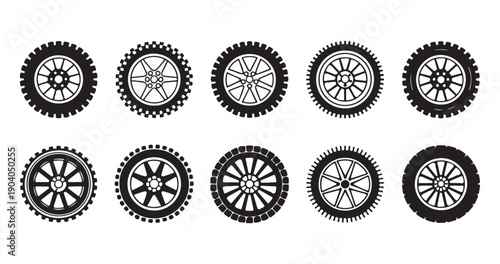 Assortment of ten unique car wheel and tire icons in black and white, diverse tread patterns