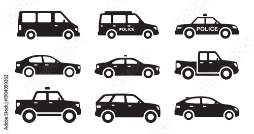 Collection of diverse vehicle silhouettes including police car, van, pickup truck, sedan, and hatchback