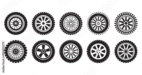 Ten distinctive car wheel and tire icons, various spoke designs and tire tread styles