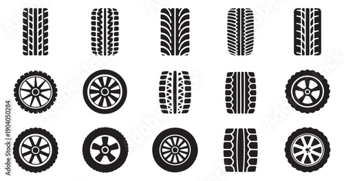 Fifteen tire tread pattern and car wheel icons, diverse textures and rim styles