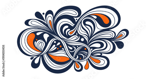 Intricate illustration of swirling abstract shapes in orange, blue, and gray hues, showcasing fluid dynamics from a close-up viewpoint