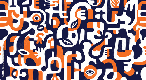 Vibrant abstract illustration featuring symbols, icons, and shapes in a chaotic yet harmonious composition, viewed from directly above