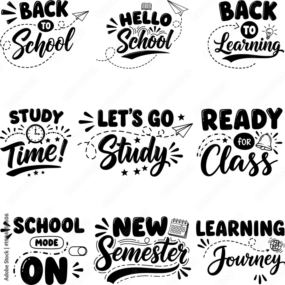 Fototapeta premium Back to School and Learning Typography Lettering Set Bundle