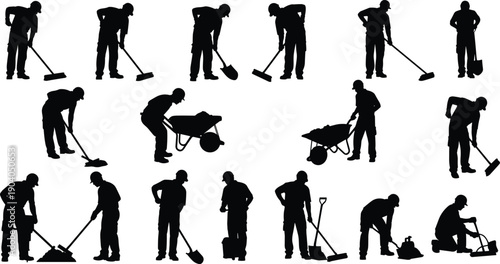 Construction worker silhouettes performing manual labor tasks with tools and wheelbarrow, black isolated icons representing building, maintenance, repair, and industrial workforce activities