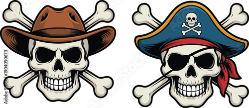 Colorful vector illustration set of human skulls with crossbones wearing a brown cowboy hat and a blue pirate hat with an eyepatch and bandana,