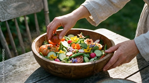 A person preparing a vibrant salad with fresh vegetables and edible flowers in a wooden bowl on an outdoor table