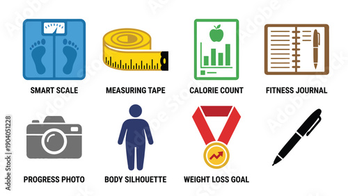 Weight Loss & Fitness Tracking Icons: Smart Scale, Measuring Tape, Calorie Count, Journal, Progress, Goals