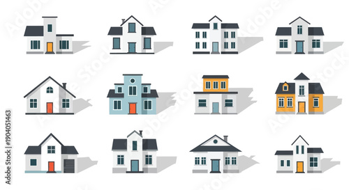 Set of 12 Flat Design Houses. Modern Residential Building Icons Collection. Real Estate and Property Vector Illustration.