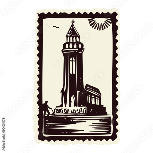 Simple pilgrim picture with church and backpacker walker resting at sanctuary. Black and white icon for european sacred journey illustation badge. Great for pilgrimage passport route stamp.