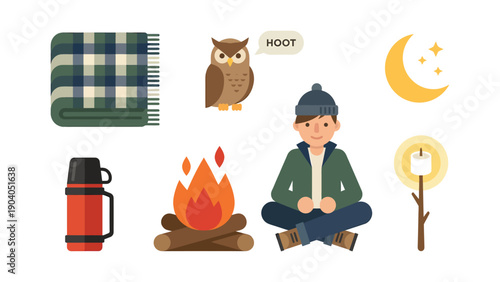 Flat Design Camping and Outdoor Adventure Elements Set with Campfire, Blanket, Owl, Moon, Thermos, and Camper