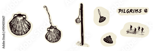 Set of Pilgrims way shell signpost symbol icon of scallop sign. Simple religious motif to identify walkers seeking sanctuary hospitality on camino, Santiago de Compostela or Canterbury sacred trail. 