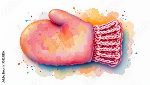 Watercolor object: single knitted mitten, cozy pastel wash, isolated on white background