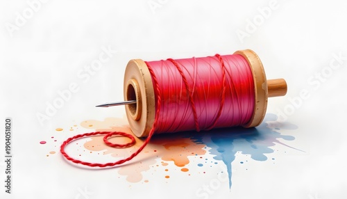 Watercolor object: single spool of thread with needle, delicate wash, isolated on white background