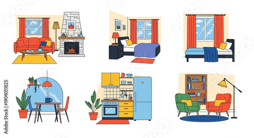 Colorful Home Interior Rooms Vector Set. Modern Flat Illustration of Living Room, Bedroom, Kitchen, Dining Area, and Cozy Furniture Design.