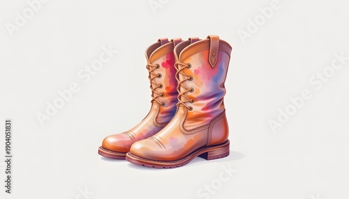 Watercolor object: single pair of boots, warm neutral wash, isolated on white background