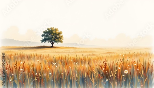 Watercolor landscape: single field of tall grass with one tree silhouette, soft haze, no text