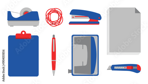 Flat design illustration of essential office supplies: stapler, paper, pen, tape dispenser, clipboard, hole punch, utility knife.