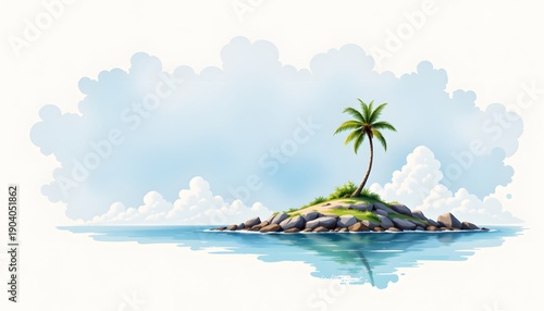 Watercolor landscape: single small island with one palm tree, airy wash, no text