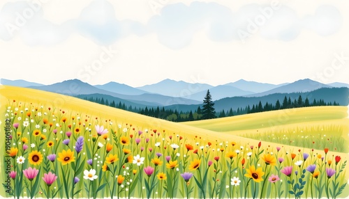 Watercolor landscape: single meadow with wildflowers and distant mountain line, soft wash, no text