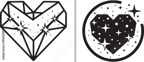 Two black and white vector heart icons with celestial themes. One heart is designed with geometric diamond facets and sparkles, while the other is solid black with white stars inside a circle.