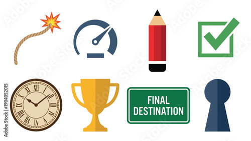 Conceptual Vector Icon Set: Time, Success, Danger, Progress, Goals, Achievement, and Planning. Flat design elements.